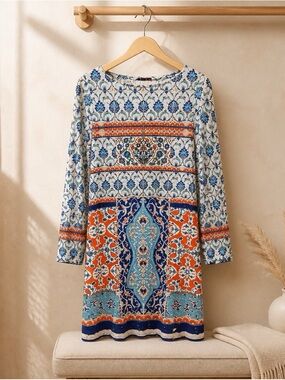 Bohemian Tile-Print Long Sleeve Shift Dress in Blue & Orange